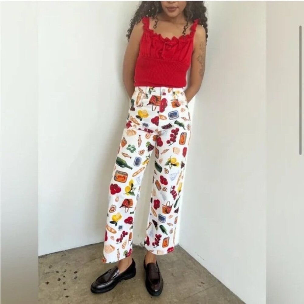 Lisa Says Gah Robyn Italian Summer Ivory Cotton Denim Picnic Fruit Jeans 8